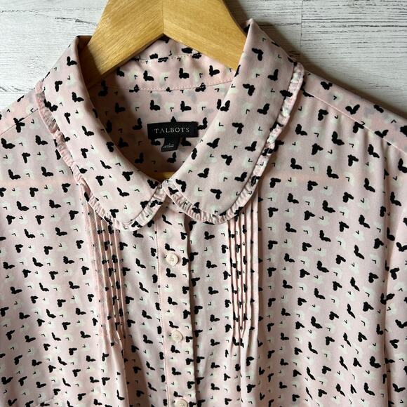 Talbots Blouse Womens Size Large Pink & Black Butterfly Bird Pintuck Peter Pan - Picture 10 of 16